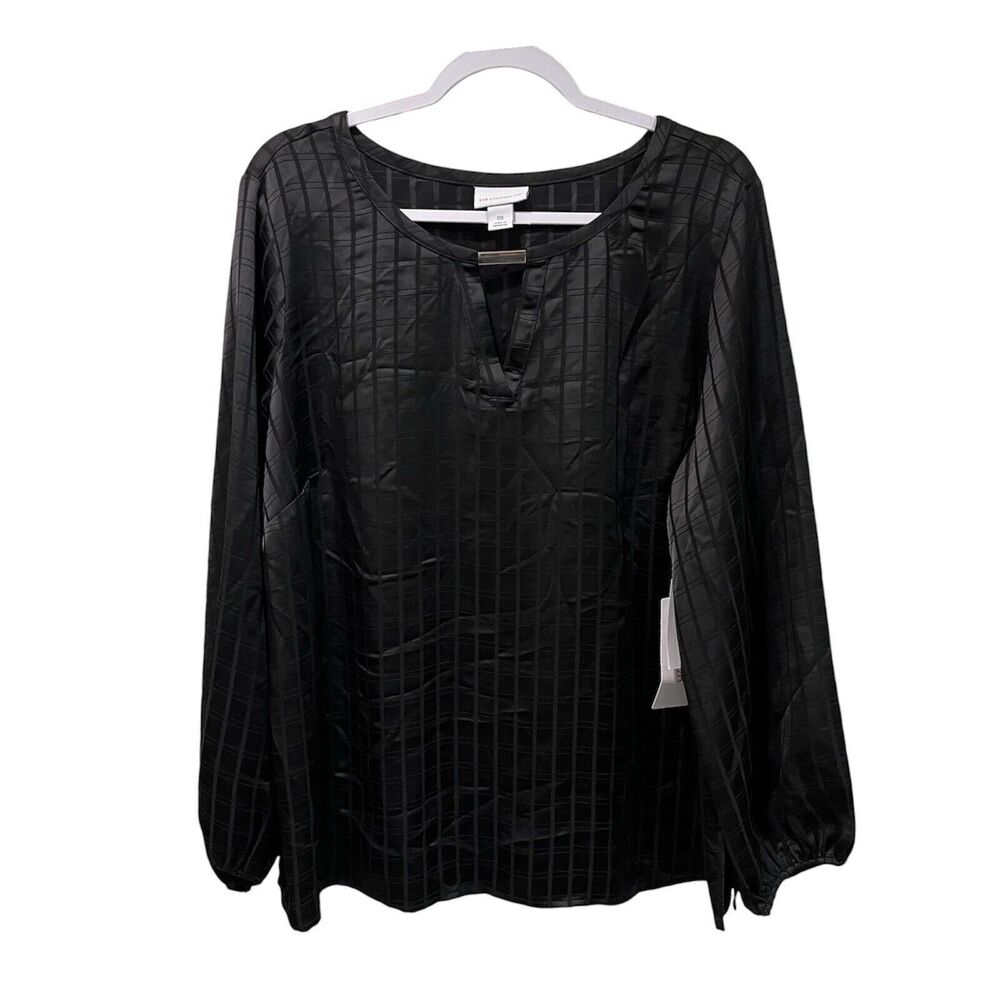 Liz Claiborne Woman 0X Plus Size Black Blouse Keyhole Neckline Elastic Cuffs NWT